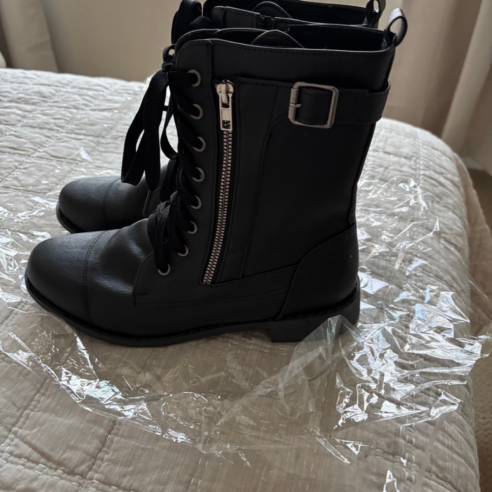 Black Combat Boots with Zipper and Buckle